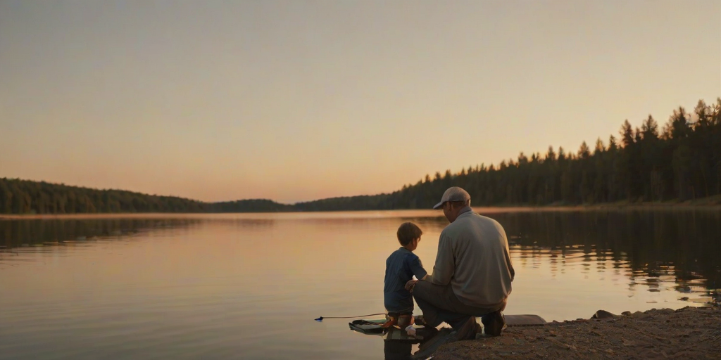 Warm, intimate image of a father teaching his son how to fish on a quiet lake, soft light from the setting sun reflecting on the water, with the sound of gentle waves lapping against the shore.