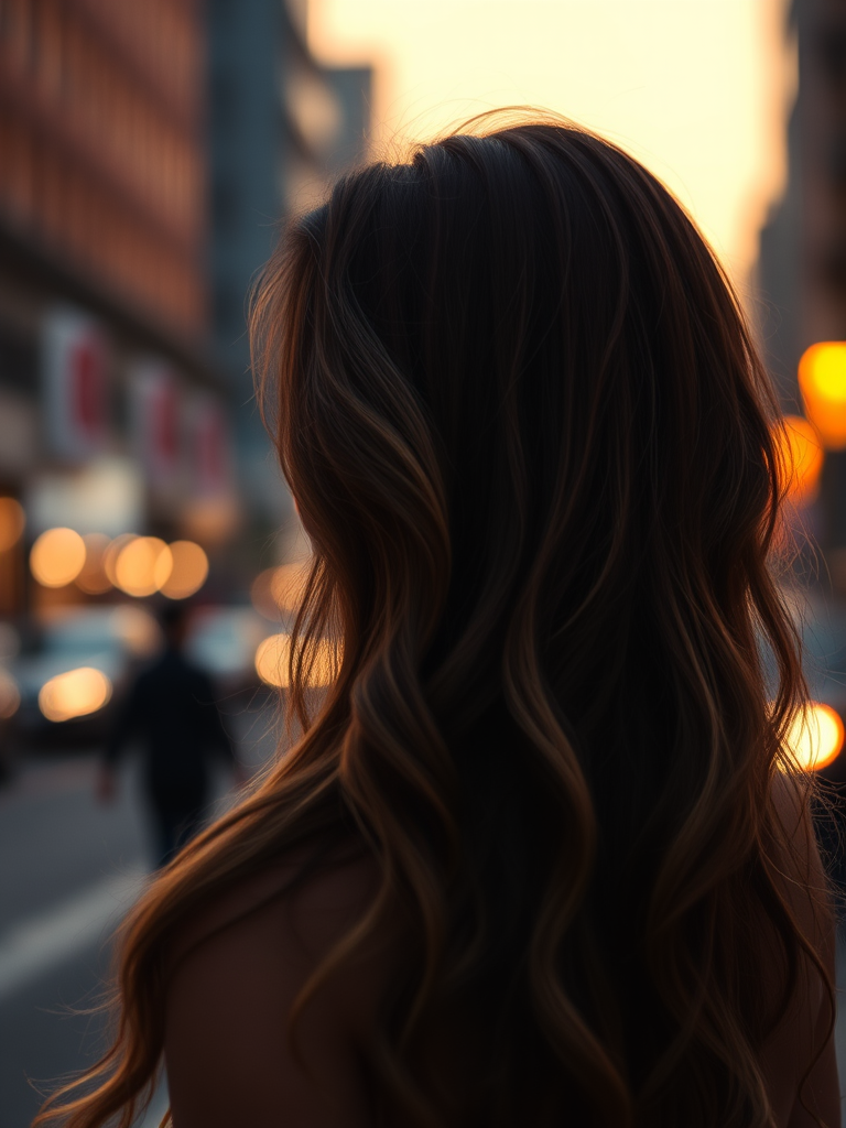 capture a close-up of a woman with long, wavy hair from behind during dusk in an urban setting with soft bokeh lights in the background, using a Canon EOS R5, 50mm lens, aperture f/1.8, ISO 200, shutter speed 1/100s, with warm color grading and enhanced contrast for depth