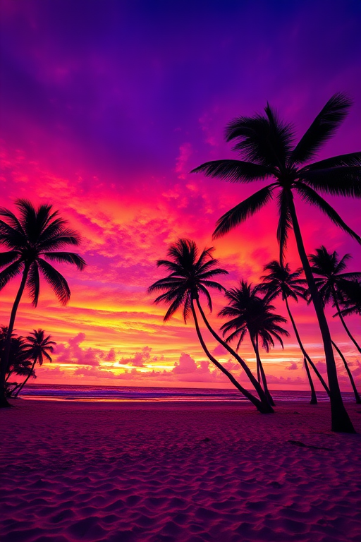 tropical beach at sunset with vibrant purple and orange skies, tall palm trees silhouetted against the horizon, captured with a Canon EOS 5D Mark IV, ISO 100, f/11, shutter speed 1/125 sec, wide-angle view, HDR style for enhanced colors and details
