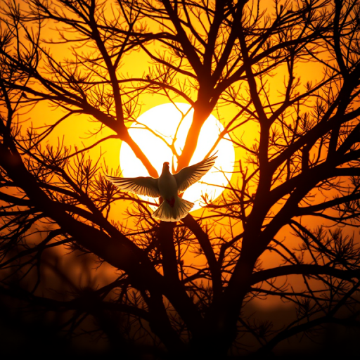 A serene scene of a white dove flying near a silhouette of a tree against a vibrant sunset, with golden rays of light piercing through the branches, captured with a DSLR camera at f/4 aperture, ISO 200, 50mm lens, shot from a low angle to emphasize the height of the tree and the elegance of the dove in motion.