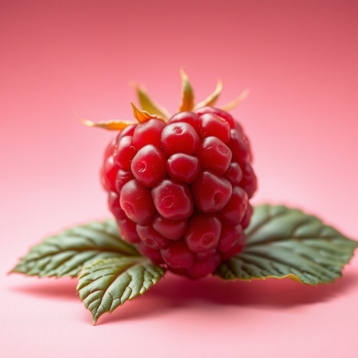 Create a high-resolution digital illustration of a raspberry with rich red color and detailed leaves, set against a soft pink background, using a 50mm lens, f/2.8 aperture, ISO 100, soft lighting, and a shallow depth of field to enhance focus on the raspberry.