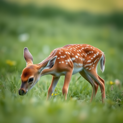 regenerate an image of a young deer grazing in a lush meadow, captured with a Canon EOS R5, 50mm lens, f/2.8 aperture, ISO 100, soft natural lighting, shallow depth of field, and a slightly low angle view to enhance the subject's details and background blur