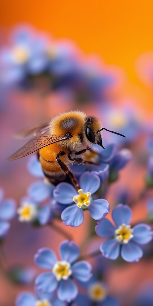 macro shot of a bee on small blue flowers with a vibrant orange background, f/2.8 aperture, 1/400 sec shutter speed, ISO 100, natural light, DSLR camera, shallow depth of field, soft focus on background