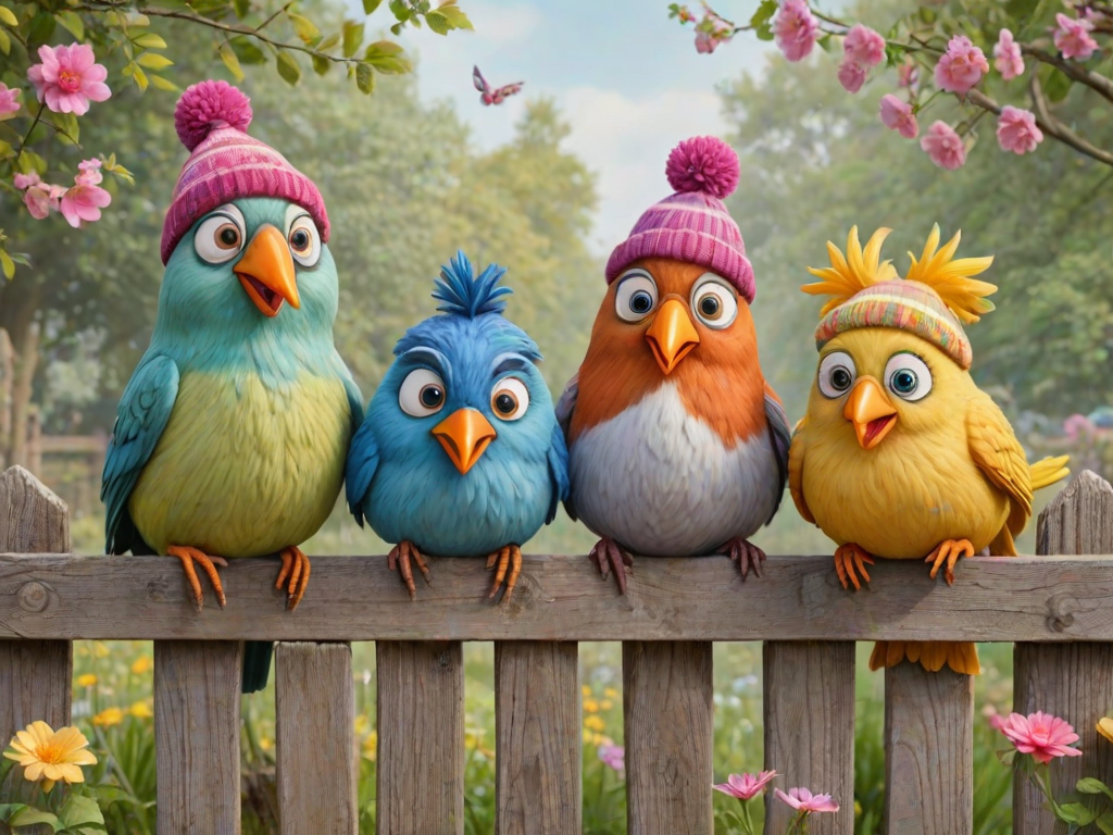 create a scene of 4 quirky  whimsical colourful comical birds each with a funny expression. they are sat on a wooden fence with colourful flowers. they are all different sizes. each one is a different colour  one is wearing a woolly hat. Each one has a different quirky google expression and there is a muted background of trees watercolour paintierly style high definition 8k resolution 3D paper mache