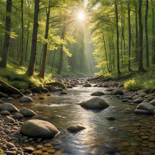 Create an image of a serene, sunlit forest scene with a clear, gently flowing river. Tall trees with lush green foliage line both sides of the river, their leaves bathed in the warm golden light of the setting or rising sun. The sunlight filters through the trees, casting soft, dappled light on the river, which flows over smooth rocks and pebbles, creating a peaceful, natural atmosphere. The sky is bright with a few scattered clouds, and the overall mood is tranquil, evoking a deep sense of connection with nature. The image captures the beauty of a calm, pristine forest landscape at either dawn or dusk.