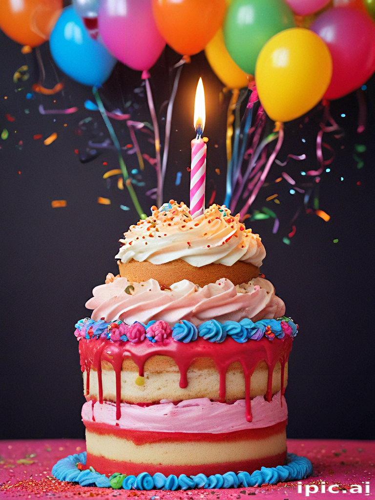 A Colorful Birthday Cake Surrounded by Balloons and Festive Confetti ...