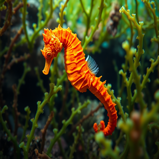 underwater scene of a vibrant orange seahorse among green seaweed, soft diffused natural lighting, camera settings: f/8, 1/250s, ISO 200, 24mm lens, shallow depth of field, shot with a DSLR camera at eye level, high detail and clarity in underwater environment