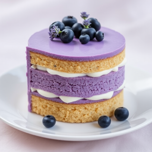 A beautifully crafted cake with layers of purple and creamy textures topped with fresh blueberries and a sprig of lavender, elegantly displayed on a white plate with a soft background.