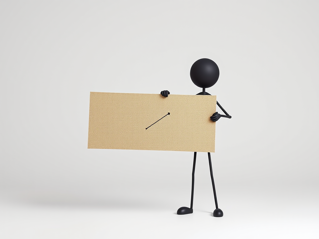 Generate an image of a 3D stick figure holding a textured beige banner with a black crossed-out circle symbol, using a Canon EOS R5 with 50mm lens, f/2.8 aperture, ISO 100, in a well-lit studio with white background, high resolution, and soft lighting.