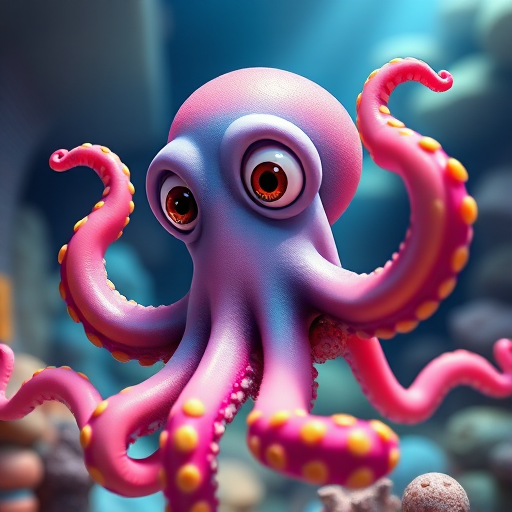 Generate an image of a cartoon octopus with exaggerated features and bright colors, using a high-resolution digital art style, shot from a low-angle perspective, with vibrant lighting and crisp details, simulating a DSLR camera setup at f/8, ISO 100, and a shutter speed of 1/200s.
