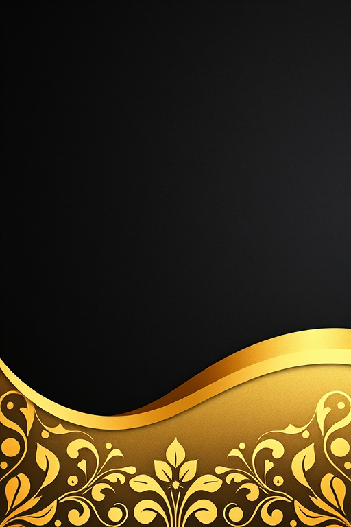 Create an elegant gold and black textured background with a smooth curve, intricate floral designs at the bottom, captured with a DSLR camera at f/2.8, ISO 100, 50mm lens, top-down view, and soft natural lighting to enhance detail and richness.