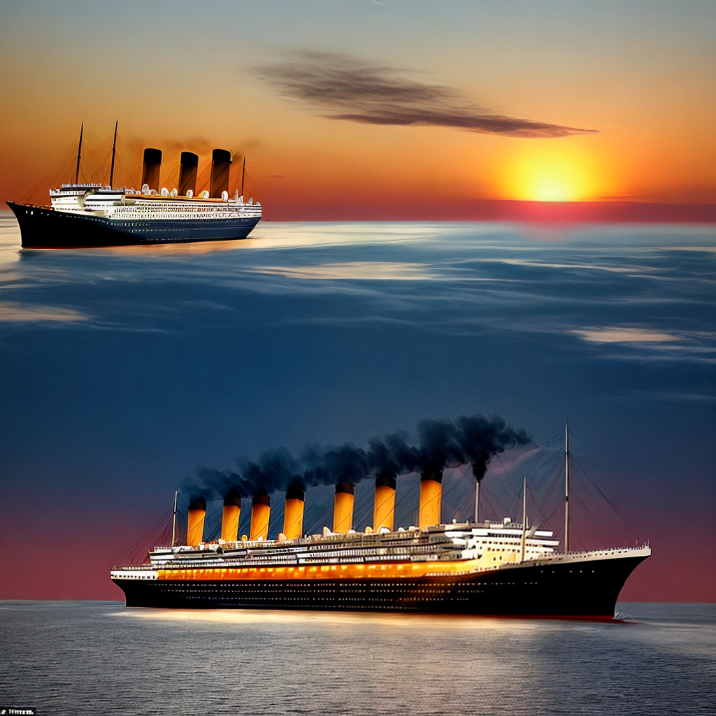 the titanic rearing up in the water just before it sinks. Night time ...