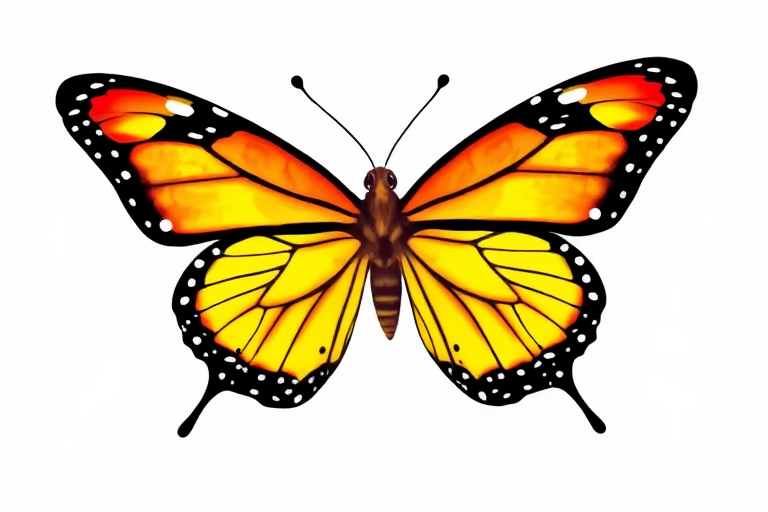 Generate an image of a butterfly with vibrant yellow and orange wings, featuring black outlines and white spots. The butterfly should be depicted in a dynamic pose, showcasing its intricate wing patterns and delicate antennae. The background should be transparent to highlight the butterfly's colors and details.