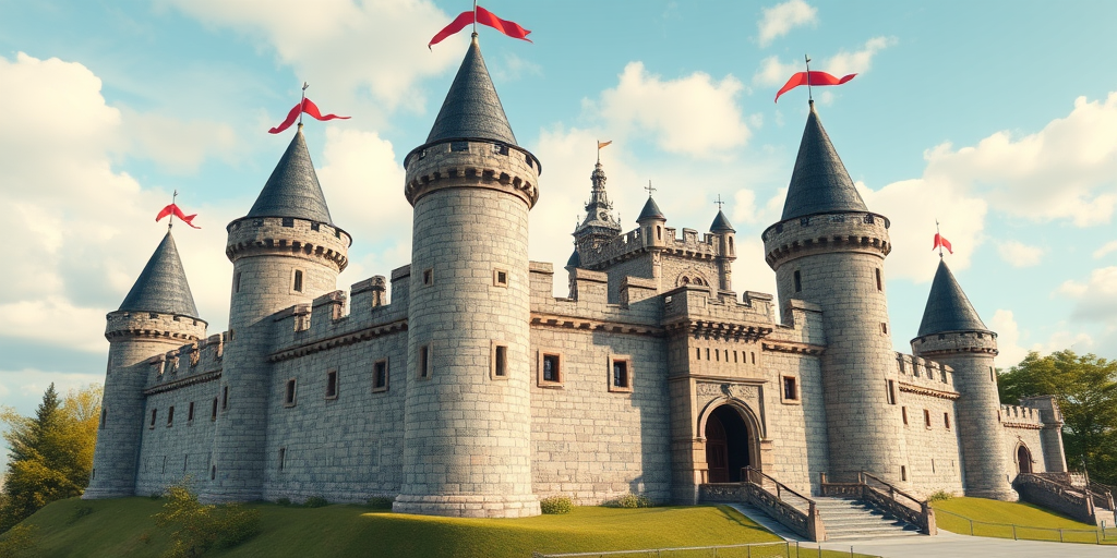 Create a high-resolution 3D render of a medieval castle with multiple towers and flags, captured from a low angle using a DSLR camera with a 50mm lens, f/2.8 aperture, ISO 100, and a wide dynamic range to enhance colors and details.