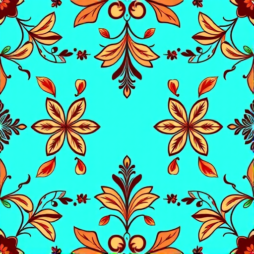 Create a seamless pattern of ornate leaves and floral designs in a symmetrical layout with a turquoise background, capture with a DSLR camera, aperture f/8, ISO 100, focal length 50mm, natural soft lighting for enhanced detail.