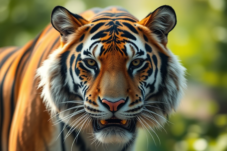 Create a highly detailed and realistic image of a tiger's head, shot in 50mm lens at f/1.8 aperture for shallow depth of field, using a DSLR camera with natural lighting to enhance textures and colors.