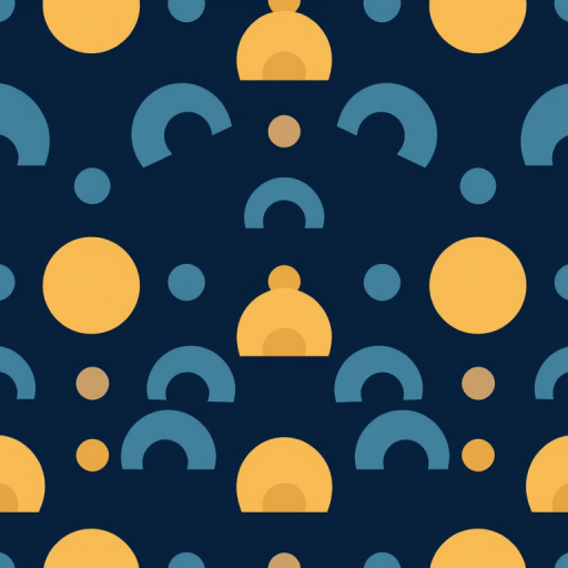 Create a seamless pattern design featuring alternating circles and semi-circles in shades of blue, light brown, and yellow on a dark navy background, using a Canon EOS R5 camera, 35mm lens, f/8 aperture, ISO 100, and a top-down view, with a high-quality vector style for sharpness and clarity.