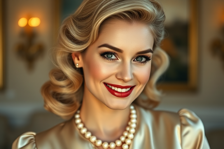 A beautiful Sephardic woman reminiscent of 1950s Hollywood glamour, with perfectly styled blonde hair and a seductive smile, dressed in a satin blouse and adorned with pearls, soft and warm tones, photorealistic, 8K