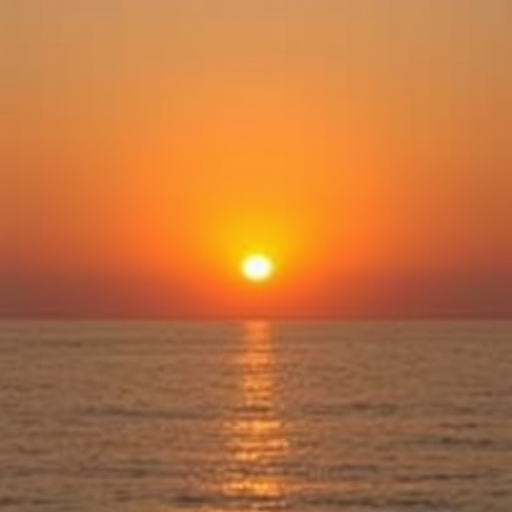 Create a high-resolution image of a sunset over a calm sea, captured with a DSLR camera, f/8 aperture, 1/125 sec shutter speed, ISO 100, from a landscape view, using a wide-angle lens for enhanced depth and clarity.