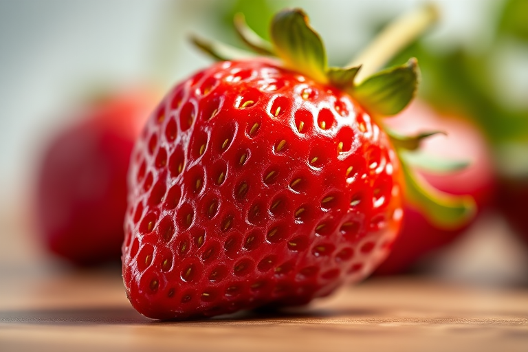 Create a hyper-realistic image of a strawberry with vibrant red color and shiny texture, using a DSLR camera with a 50mm lens, aperture f/1.8, ISO 100, and a shallow depth of field, shot from a 45-degree angle to highlight the fruit's details against a soft blurred background.