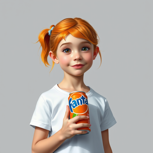 3D painting portrait of a young girl, orange hair, wearing white t-shirt, holding a can of Fanta. simple grey bg. vibrant color.