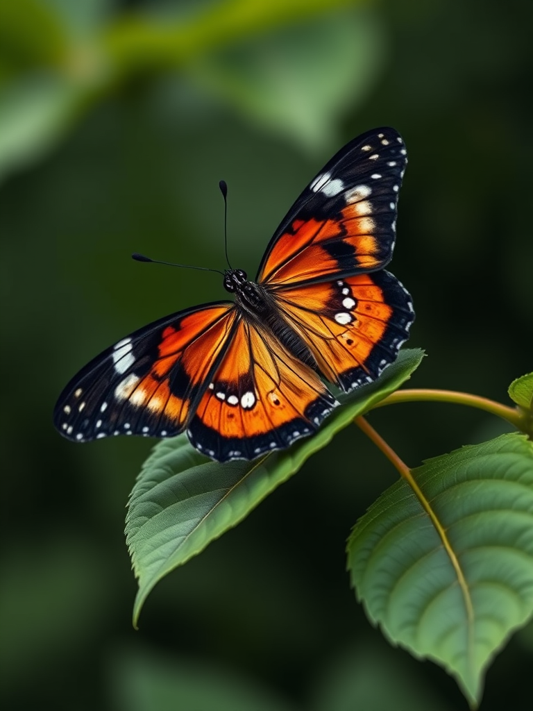 Generate an image of a butterfly perched on a green leaf. The butterfly should have a striking pattern with black and orange wings, featuring white spots. The background should be softly blurred to emphasize the butterfly and its natural setting.