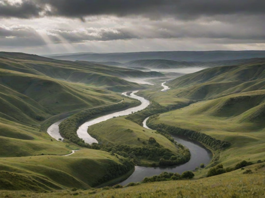 a misty valley landscape with rolling hills and a winding river under cloudy skies