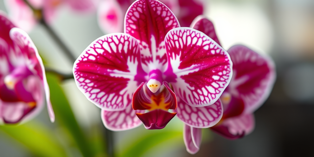 Create a close-up shot of vibrant maroon orchids with intricate white patterns on the petals, captured with a macro lens at f/2.8 aperture, ISO 100, and a shutter speed of 1/200s, using a DSLR camera with natural lighting against a softly blurred background.