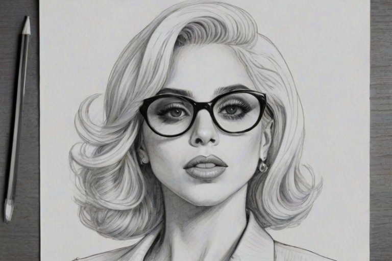 Charming Lady Gaga, pencil sketch, portrait of Gorgeous woman 1963s in glasses, hair style beatnik, outline, clear lines, fine lines, 8k