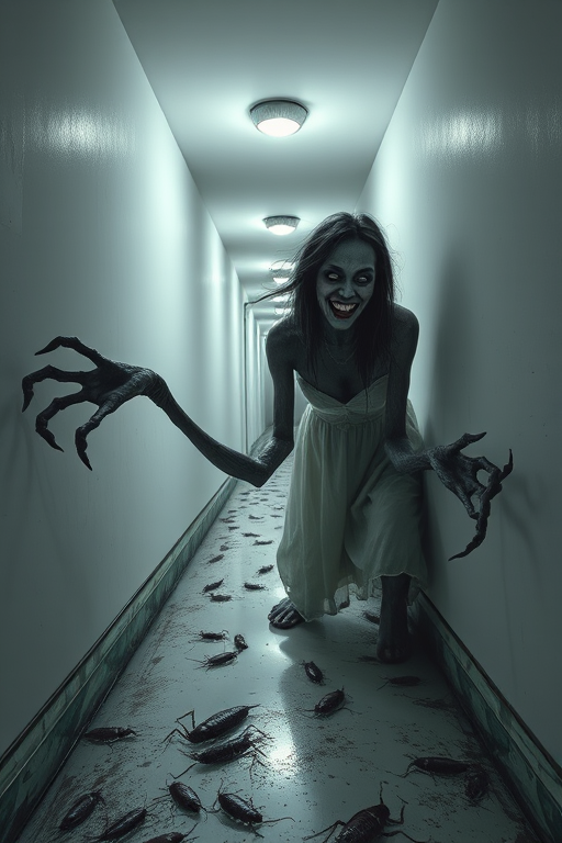 a crooked woman with long arms and a creepy smile is crawling along a long white corridor and you can also see cockroaches in it there is a creepy atmosphere creepy art style