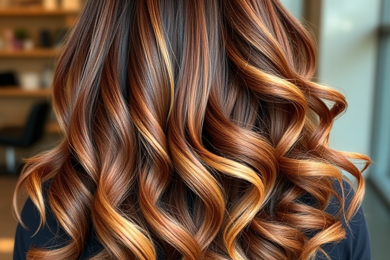 Luxurious chocolate brown to caramel ombre called "Dulce de Leche Dream" featuring long layers, rich warm tones transitioning smoothly, soft voluminous curls cascading down back, face-framing highlights in lightest shade
