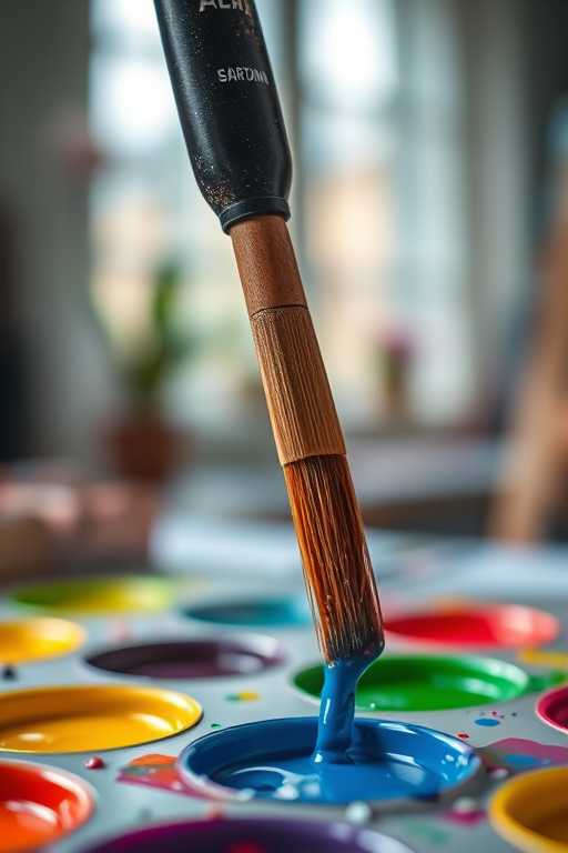 Sharp, detailed close-up of an artist's paintbrush dipping into a palette of vibrant colors, soft light from a nearby window illuminating the tiny bristles, the smell of fresh paint and creativity in the air.