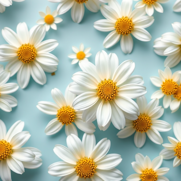 Create a seamless floral pattern featuring white flowers with yellow centers on a soft blue background, high-resolution with macro lens, f/2.8, ISO 100, shot from above using a DSLR camera, vibrant colors and clear details.