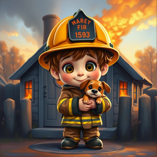 airbrushed oil painting, pixar style, cute little boy in fireman gear, helmet, tousled hair, expressive eyes, standing in the doorstep of a cottage burning behind him, holding a cute little dog in his arm, atumn sky