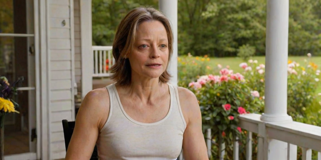 A photo of Jodie Foster with a background of a cozy porch. She has dark hair pulled back in an updo, with tendrils framing her face. She wears a white tank top and sits on the porch. The porch is part of a well-lit home with a warm, earthy tone and colorful flowers and foliage. The overall scene has a warm, welcoming, and comfortable ambiance.