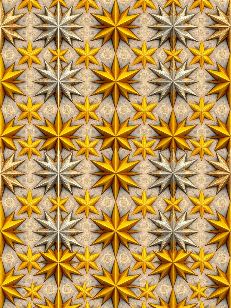Create an image of a pattern featuring alternating silver, gold, and yellow stars arranged in rows, using a DSLR camera at f/8 aperture, ISO 100, 50mm lens, top-down view, high-resolution digital style.