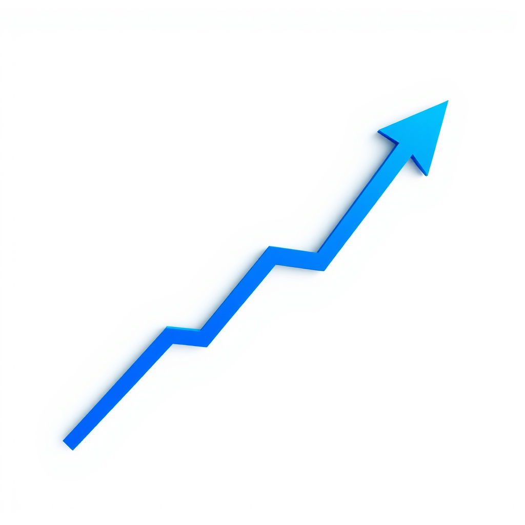 Create a sleek, modern upward trend graph with a gradient blue arrow on a white background, using a Canon EOS 5D Mark IV, aperture f/4, ISO 100, 50mm lens, in a high dynamic range setting for enhanced detail and clarity.
