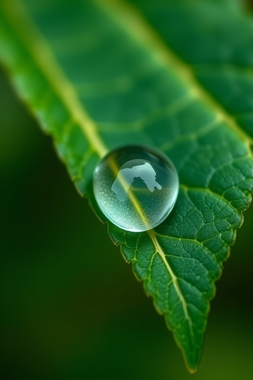 macro shot of a water droplet on a leaf with soft focus background, aperture f/2.8, shutter speed 1/200 sec, ISO 100, 85mm lens, natural lighting, DSLR camera, top-down view
