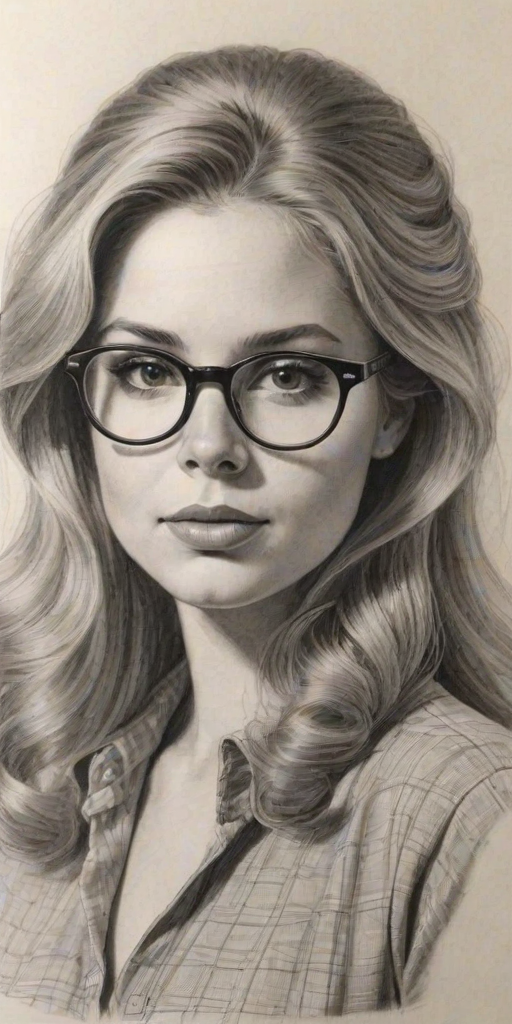 Alluring Allie Grant, pencil sketch, portrait of Splendid woman 1979s in glasses, hair style beatnik, outline, clear lines, fine lines, 8k