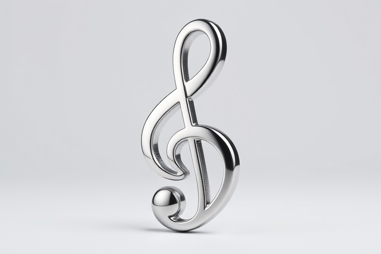 Create a high-resolution image of a silver musical treble clef design with a glossy finish, shot with a Canon EOS 5D Mark IV, 50mm lens, f/1.8 aperture, 1/125 shutter speed, ISO 200, in a well-lit studio setting to enhance reflections and detail.