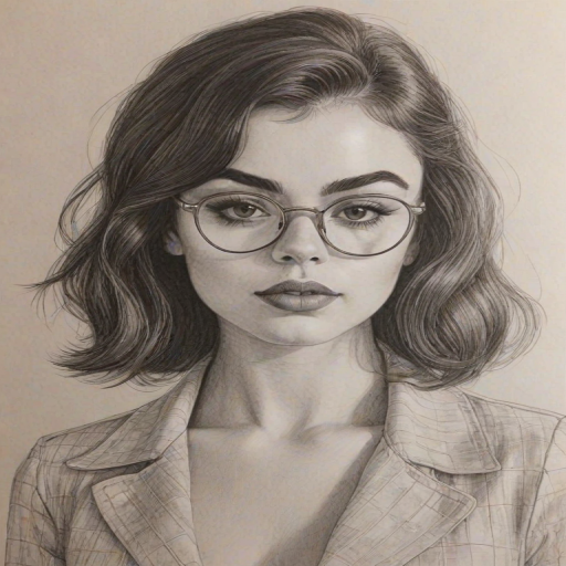 Pleasing Charli XCX, pencil sketch, portrait of Enchanting woman 1970s in glasses, hair style beatnik, outline, clear lines, fine lines, 8k