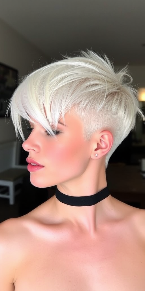 Striking platinum blonde pixie cut with asymmetrical bangs, dubbed "Arctic Frost," boasting shaved sides and a textured crown for an edgy yet sophisticated look