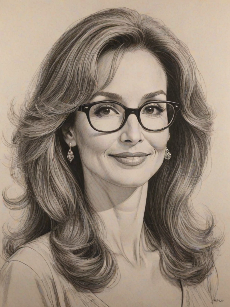 Radiant Susan Lucci, pencil sketch, portrait of Graceful woman 1972s in glasses, hair style beatnik, outline, clear lines, fine lines, 8k
