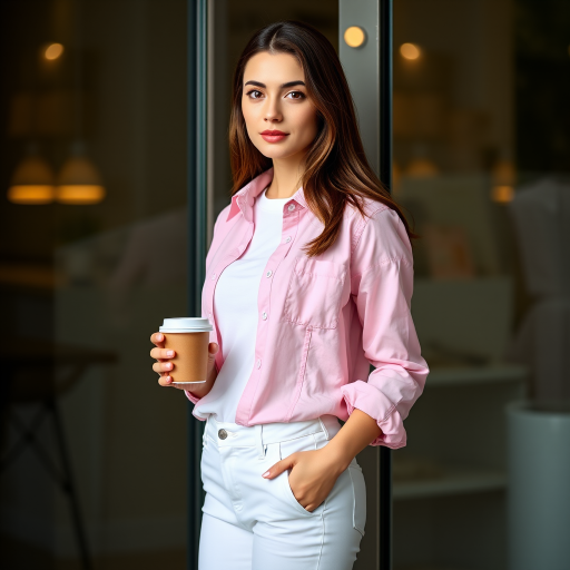 A young woman with long brown hair stands with her back against a glass door, wearing a pink button-down shirt over a white T-shirt and white pants, holding a cup of coffee in her right hand. The woman is looking directly at the viewer, her expression is neutral. Her right hand is tucked into the pocket of her pants while her left hand holds the coffee cup. The lighting is soft and natural, highlighting her features. The background is blurred, with the focus on the woman. The photo is taken from a slightly elevated perspective, showcasing the woman's full figure.