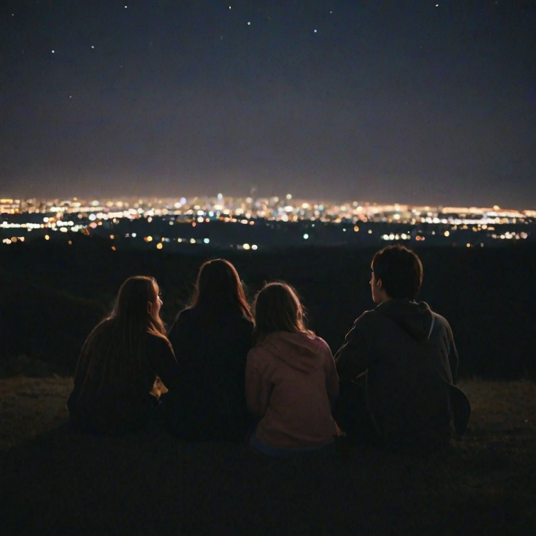 Blurry, candid shot of a group of teenagers stargazing on a hilltop at night, distant city lights twinkling below, the soft glow of a flashlight illuminating their faces, and the quiet sound of whispered conversations filling the air.
