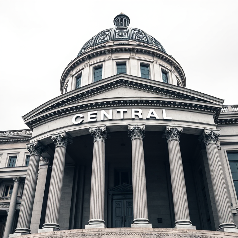 Create a high-resolution architectural illustration of a neoclassical building with a dome and columns, featuring the word CENTRAL prominently on the facade, shot with a Canon EOS 5D Mark IV at f/8, ISO 100, 24mm focal length, using a wide-angle lens and a low angle view to emphasize the grandeur of the structure.