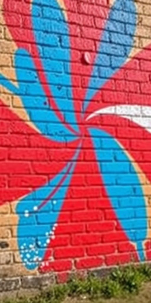 Create a vibrant mural of a red and blue abstract design on a brick wall, using a DSLR camera with a 50mm lens, aperture f/1.8, ISO 200, capturing from a low angle viewpoint with bright, natural lighting to enhance texture and color depth.