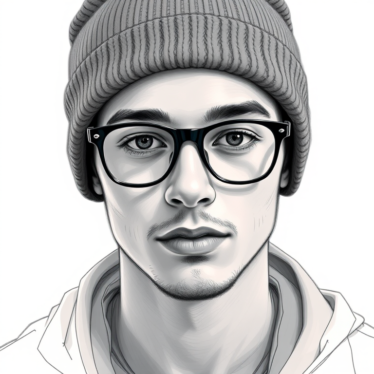 create a detailed digital sketch of a young man in a beanie and glasses, with a focus on clean lines and soft shading, using a Canon EOS 5D Mark IV, 50mm lens, f/1.8 aperture, ISO 200, in portrait mode for enhanced sharpness and depth of field.
