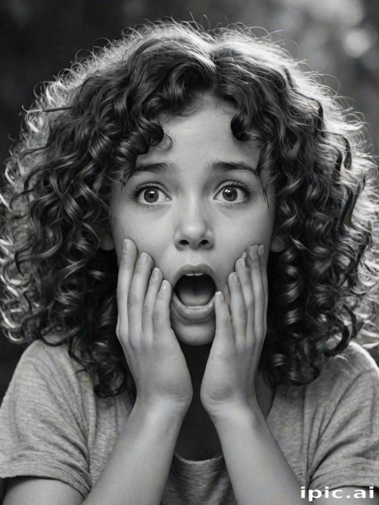 The image is a black and white illustration of a young girl with curly hair. She has a surprised expression on her face with her mouth open and her hands clasped together in front of her chest. Her eyes are wide and her eyebrows are furrowed. Her hair is styled in loose curls that are cascading down her back. The overall mood of the image is one of shock or surprise.