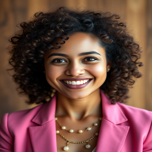 portrait of a smiling woman with curly hair wearing a pink blazer, soft focus background with wooden texture, natural lighting, 50mm lens, aperture f/2.8, ISO 100, shot with a DSLR camera